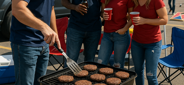 Tailgating for a football game while making burgers
