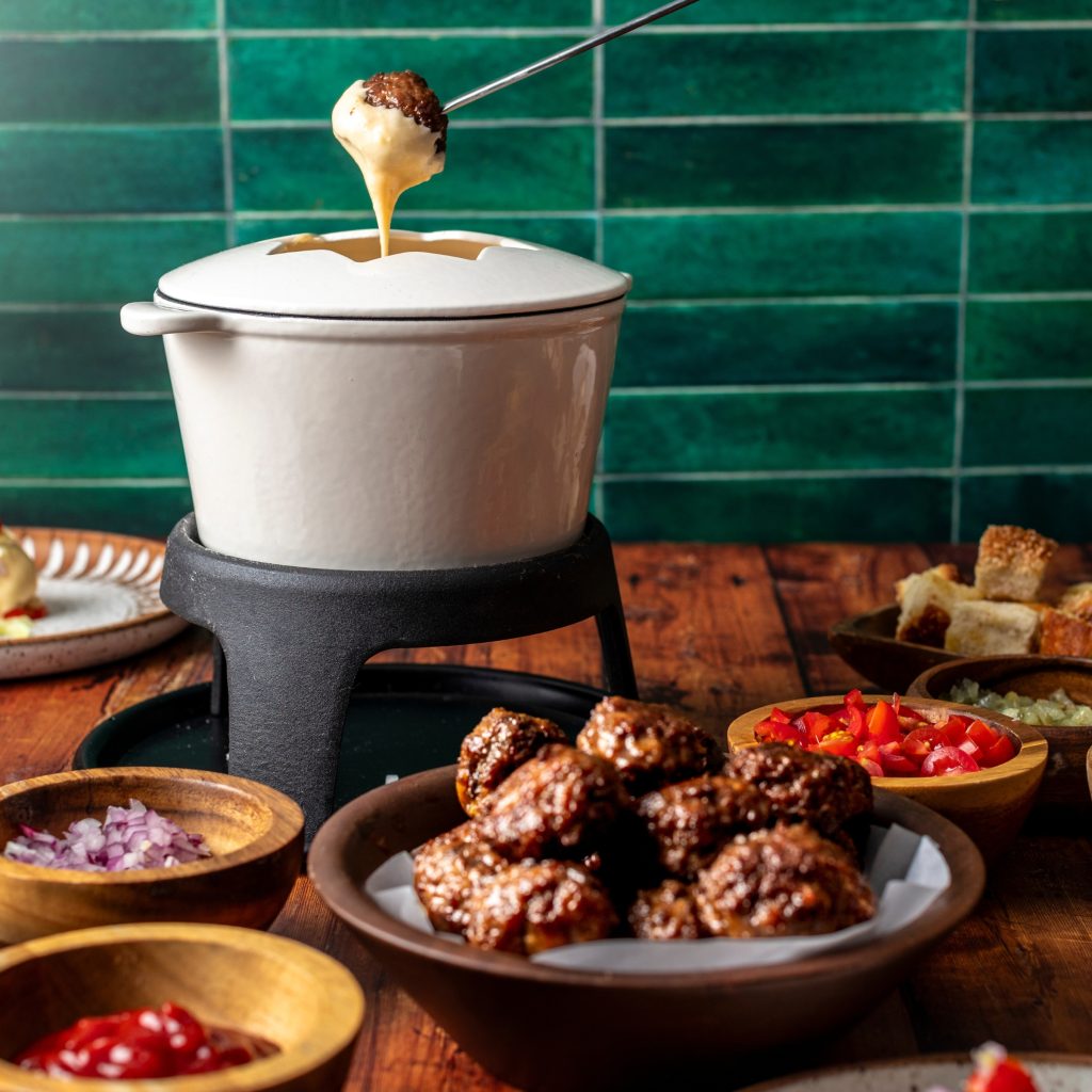 cheeseburger fondue made with schweid and sons ground beef